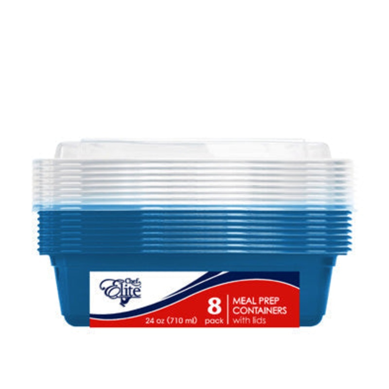 Chef Elite 8 Rectangular Plastic Containers with Lids 710ml (24oz) 6.5×4.5×1.75in