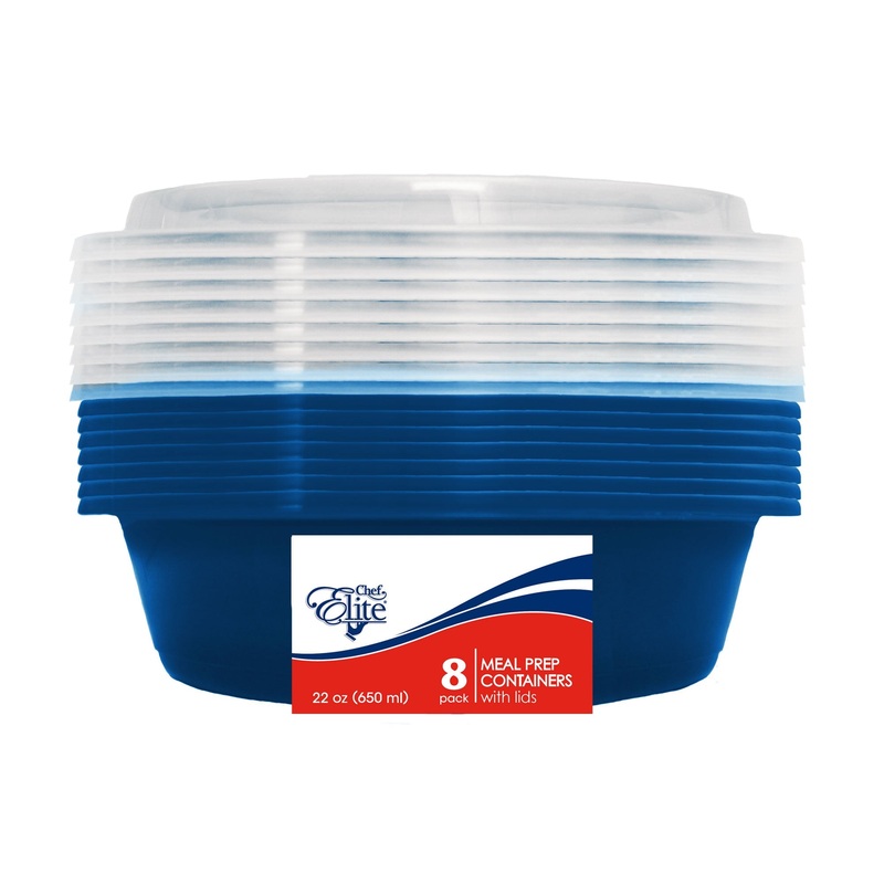 Chef Elite 8 Round Plastic Containers with Lids 650ml (22oz) 6.25×1.5in