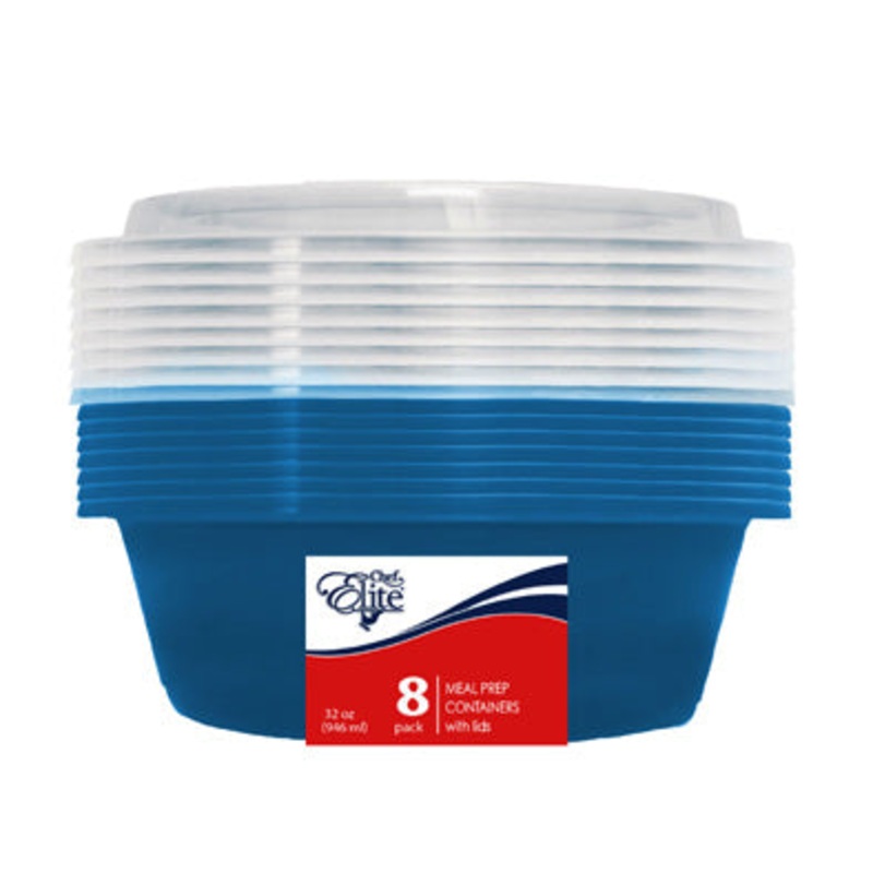 Chef Elite 8 Round Plastic Containers with Lids 946ml (32oz) 6.5×2.75in