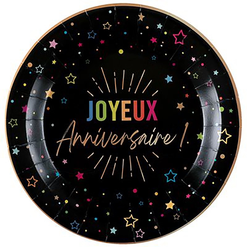 Festicolor 6 Joyeux Anniversaire Round Paper Plates – Black Background 8.8in