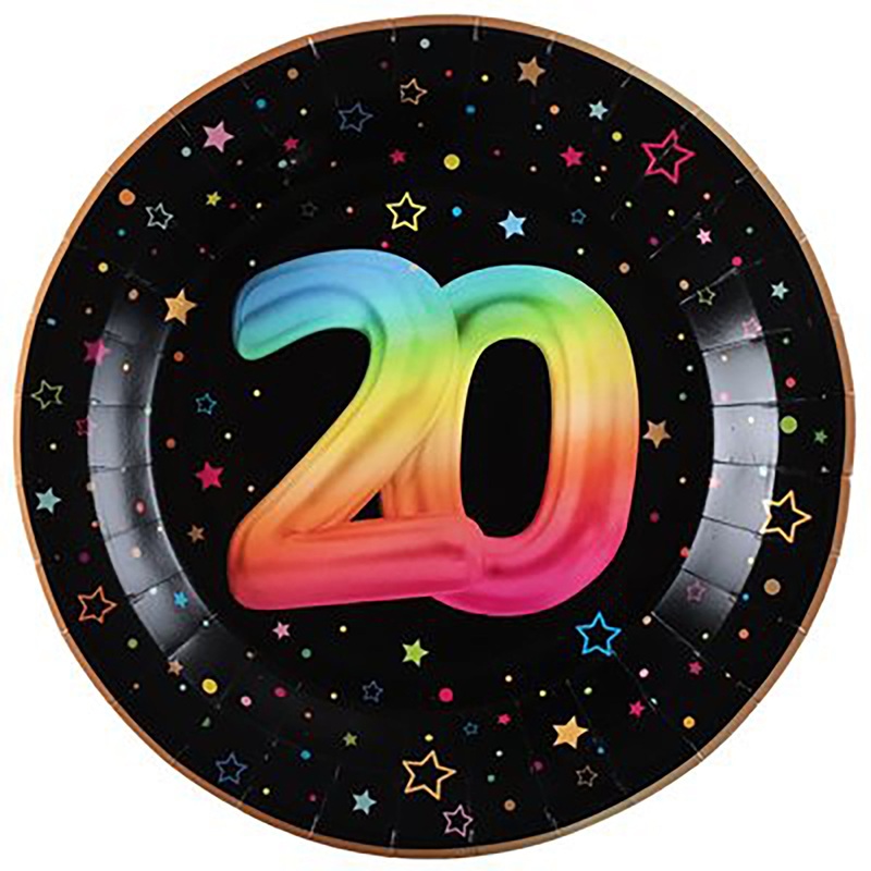Festicolor Age 20 6 Round Paper Plates – Black Background 8.8in