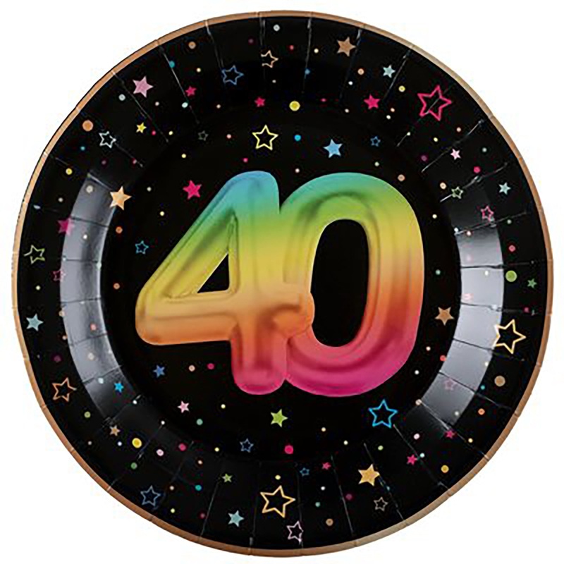 Festicolor Age 40 6 Round Paper Plates – Black Background 8.8in