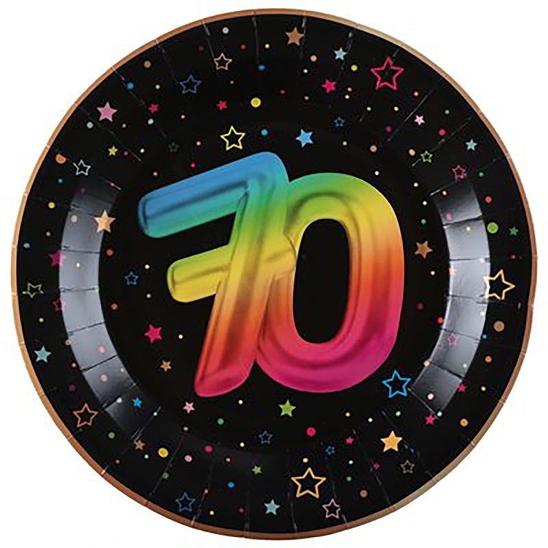Festicolor Age 70 6 Round Paper Plates – Black Background 8.8in