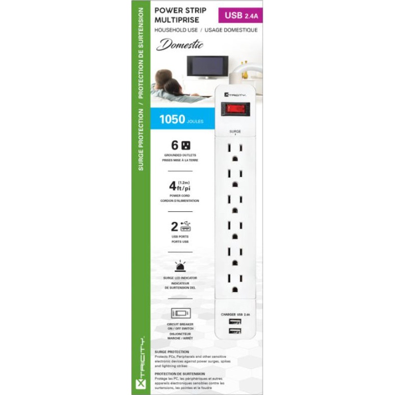 Xtricity White Power Strip with 6 Grounded Outlets and 2 USB Ports 4ft