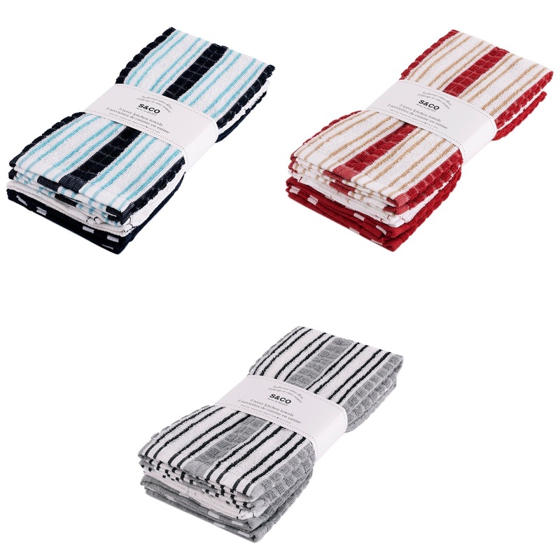 3 Woven Terry Kitchen Towels 80% Reclaimed Cotton – 20% Polyester 16x24in VRT