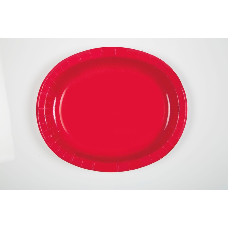 8 Ruby Red Oval Paper Plates 10×12.25in