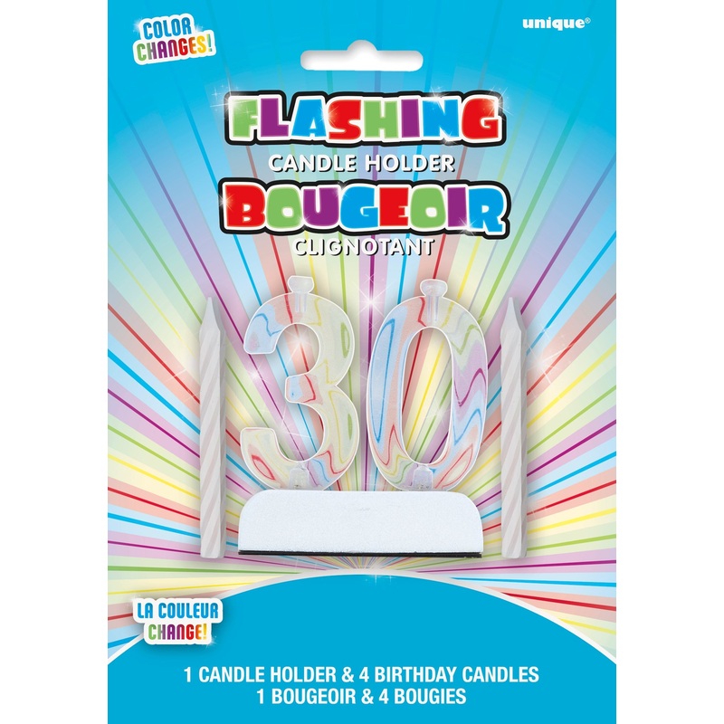 Age 30 Flashing Candle Holder 2.8×2.5in with 4 Candles 2.5in