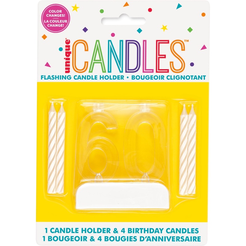Age 60 Flashing Candle Holder 2.8×2.5in with 4 Candles 2.5in