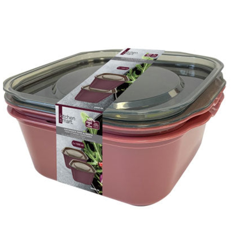 Kitchen Smart 2 Square Food Storage Containers  6.7×6.2×2.6in (1000ml)