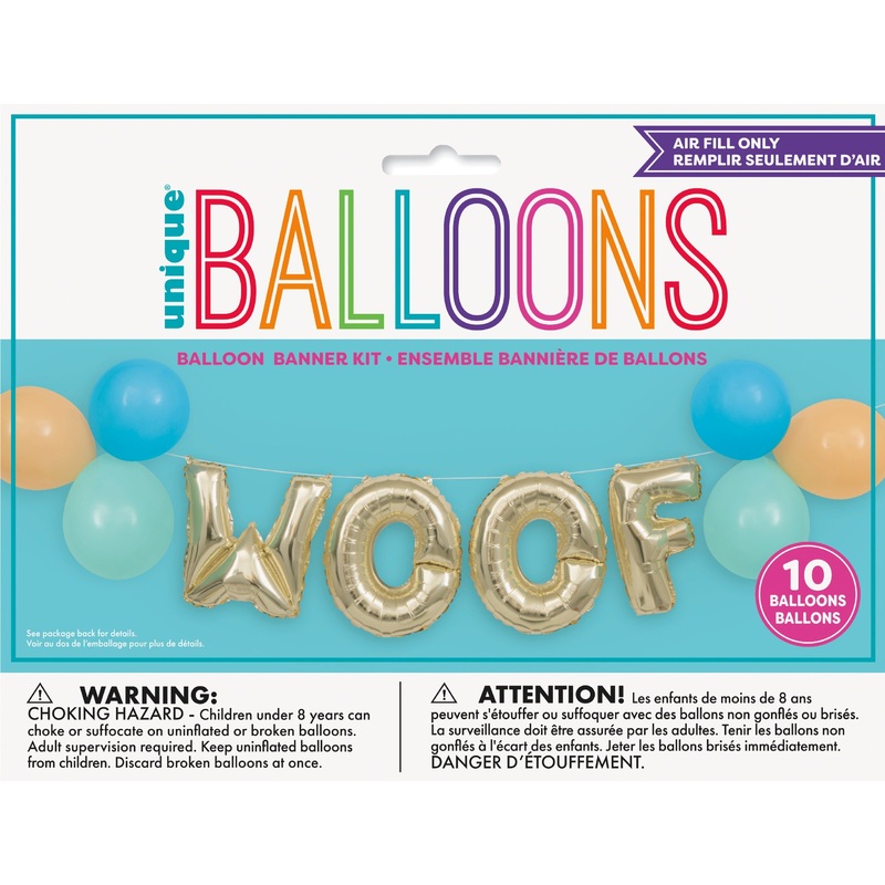 Paw Party Letter Balloon Banner Kit Woof 120in – Latex 9in and Foil 14in