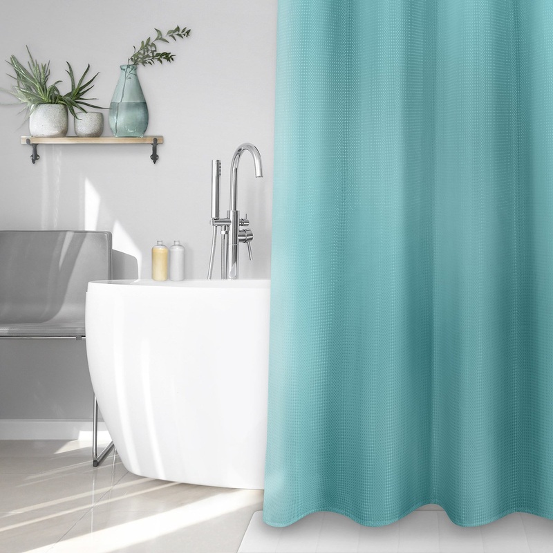 Textured Fabric Shower Curtain with Buttonholes 100% Polyester – Aqua 70x72in
