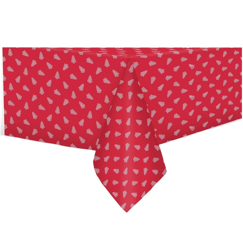 Christmas Flannel Back Printed Peva Red with White Trees Tablecloth 52x70in (132x178cm)