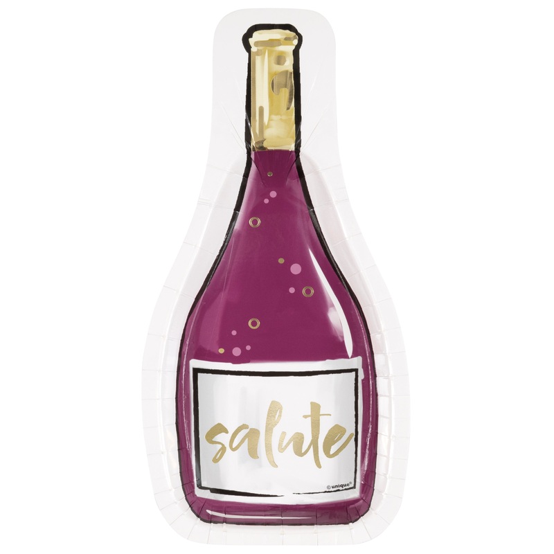 Modern Gold and Purple 8 Wine Bottle Shaped Paper Plates with Foil 10.5×5.5in