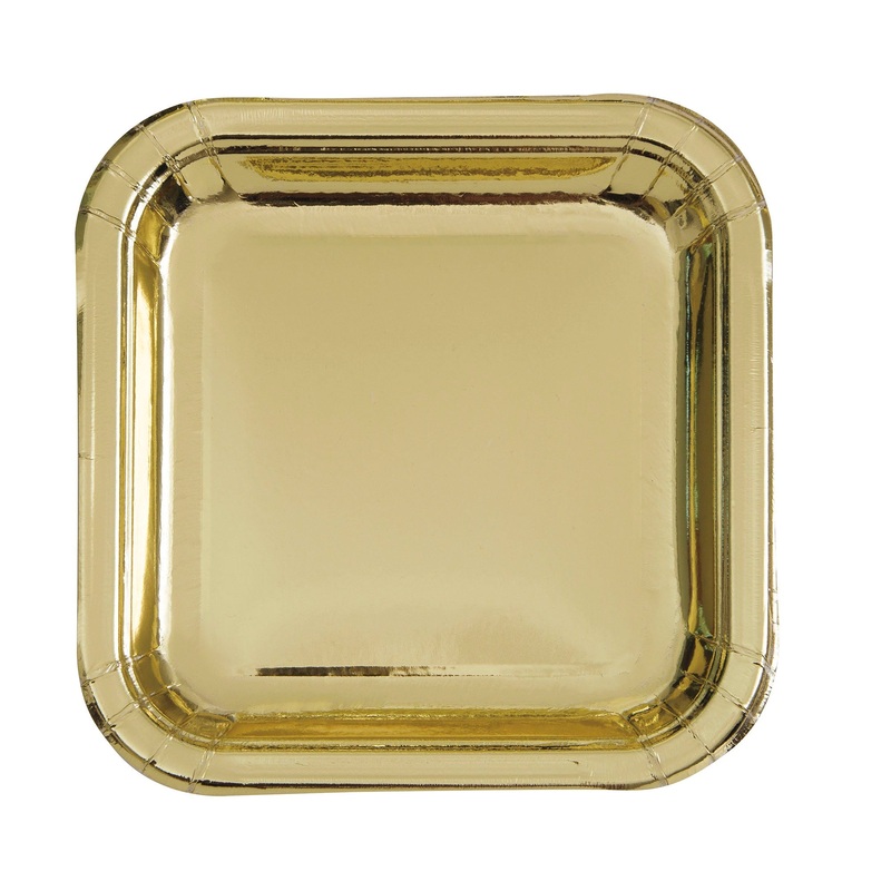 8 Square Paper Plates Metallic Gold 9in