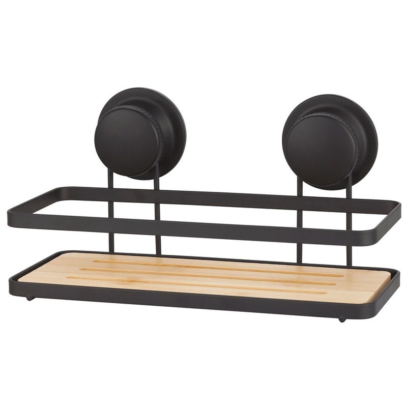 Black Metal and Bamboo Suction Organizer 10x5x4.2in