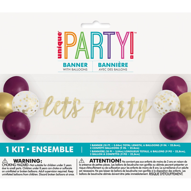 Modern Gold and Purple Let’s Party Banner and Balloon Kit – Latex 120in