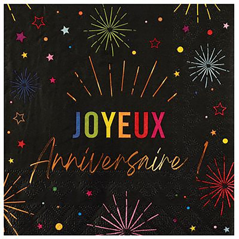 Festicolor 12 Joyeux Anniversaire Luncheon Napkins – Black Background 13x13in