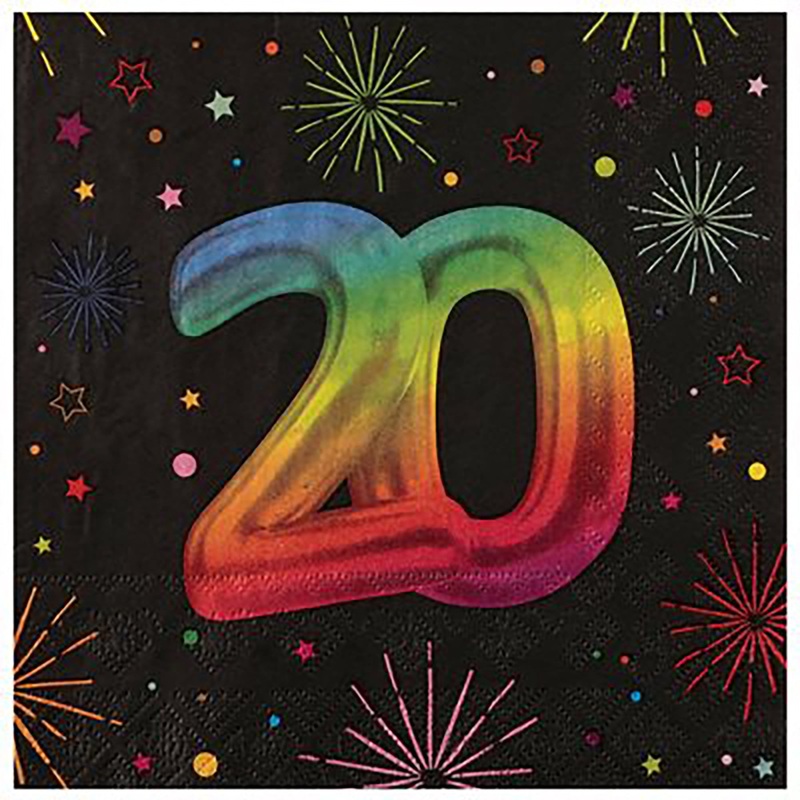 Festicolor Age 20 12 Luncheon Napkins – Black Background 13x13in