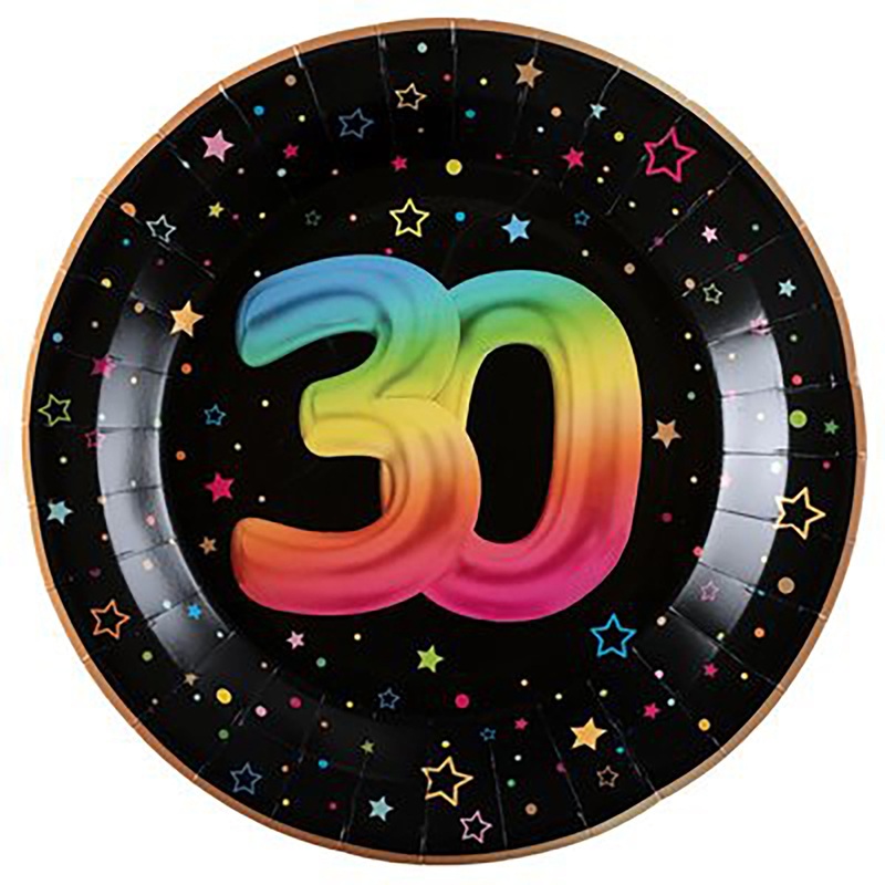 Festicolor Age 30 6 Round Paper Plates – Black Background 8.8in