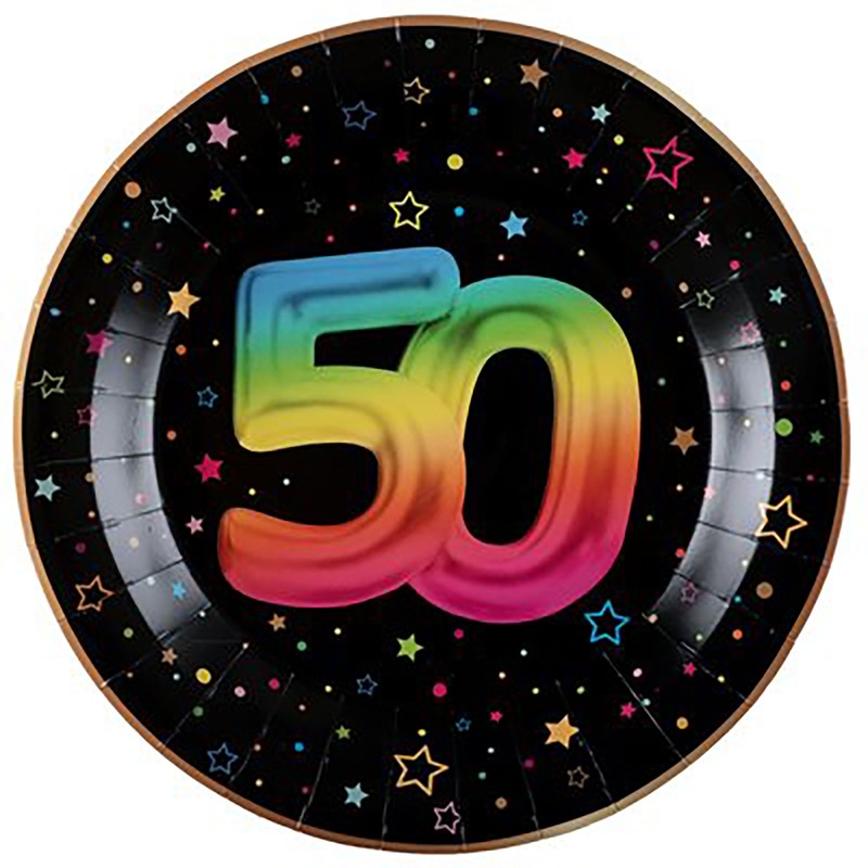 Festicolor Age 50 6 Round Paper Plates – Black Background 8.8in