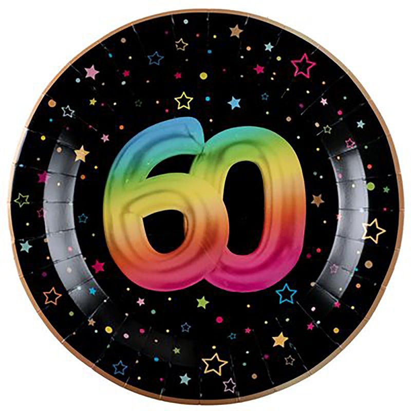 Festicolor Age 60 6 Round Paper Plates – Black Background 8.8in