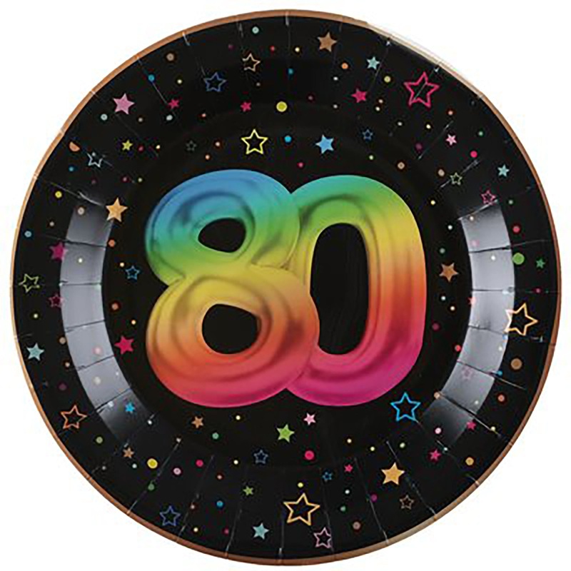 Festicolor Age 80 6 Round Paper Plates – Black Background 8.8in