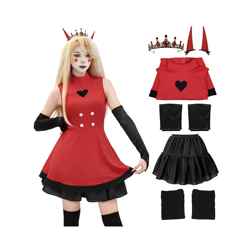 Charlie Morningstar Women Cosplay Costume Red Dress Full Set Outfits with Bustle for Halloween Party