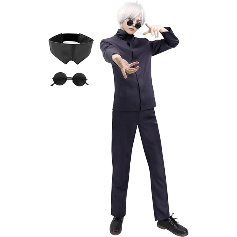 Men’s US Size Gojo Satoru Cosplay Costume Uniform Ouitfit with Blindfold