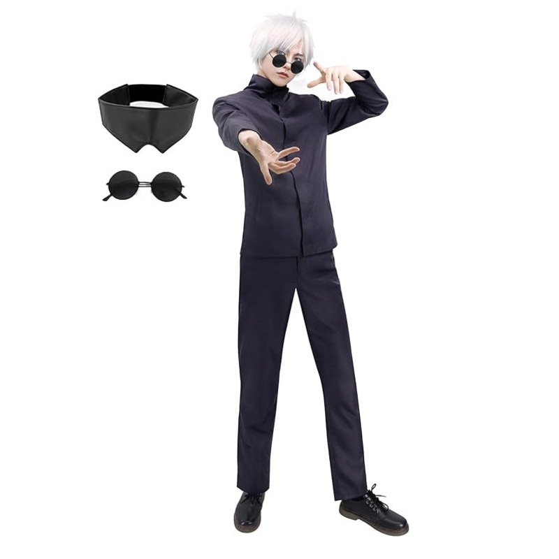 Satoru Cosplay Men’s US Size Outfit with Glasses Blindfold Jacket Pants Costume for Adult