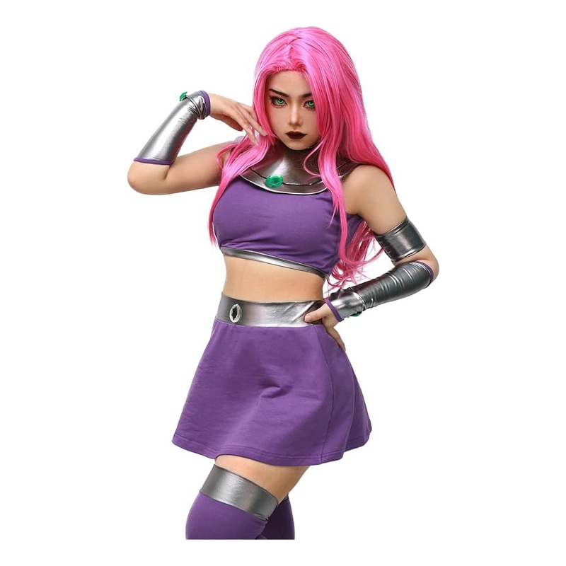 Teen Titans Superhero Starfire Koriand’r Cosplay Costume Skirt Purple Outfit with Stockings Halloween Costumes for Women