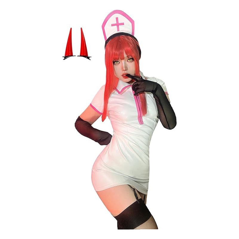 Women Nurse Cosplay Uniform Dress Suits with Red Horns for Women Halloween