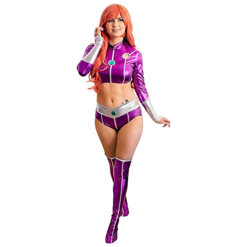 Women Purple Hero Suit Cosplay Costume Crop Top with Stockings for Halloween Christmas