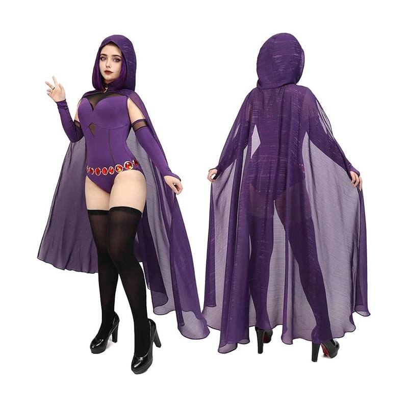 Women Rachel Roth Cosplay Bodysuit Set With Purple Hooded Cloak and Gem Stone Belt