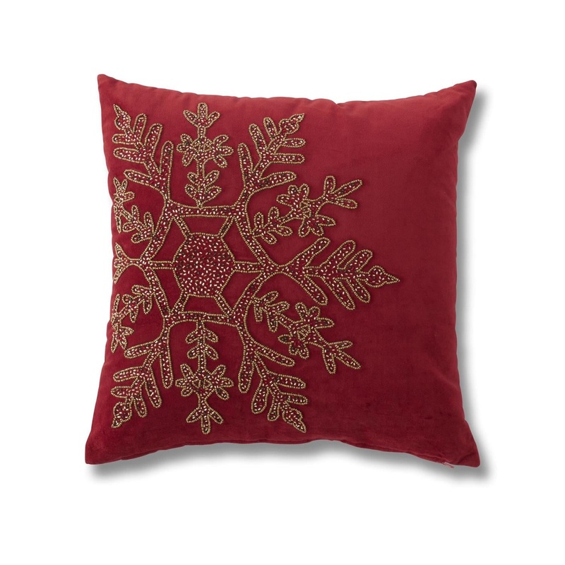 18 Red Gold Beaded Snowflake Square Pillow