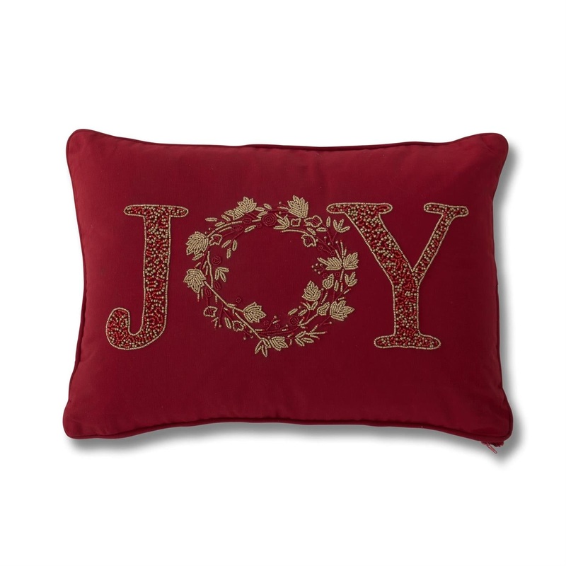 20 Red Gold Beaded JOY Lumbar Pillow