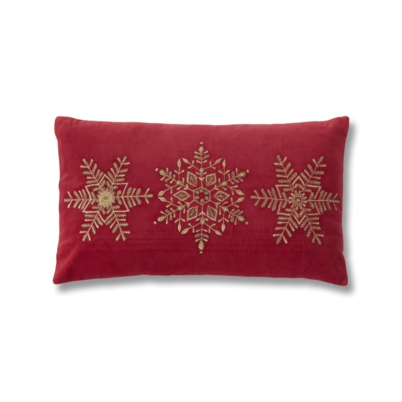 24 Gold Embroidered & Beaded Snowflake Red Pillow