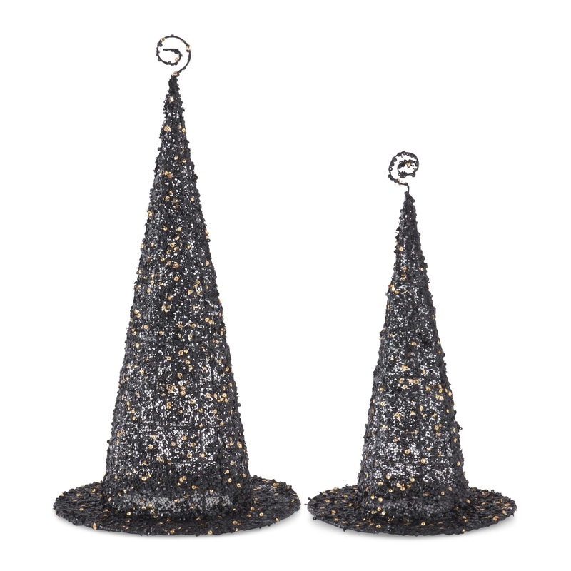 Black Wire Witch Hats w/Black Copper Sequins, 9.75 – 16.75 (Set of 2)