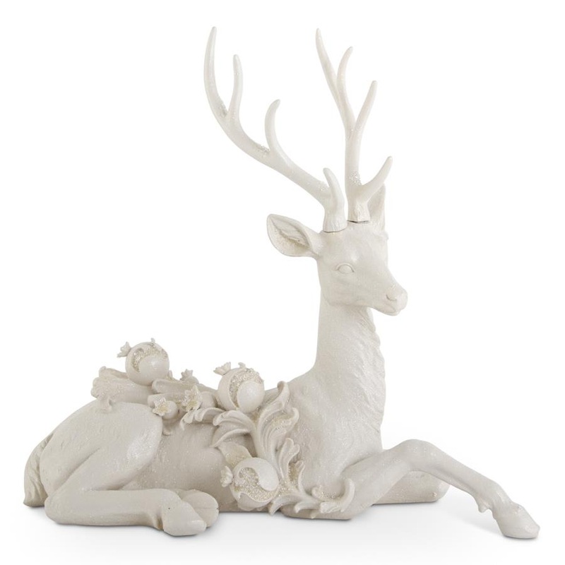 White Resin Glittered Laying Deer, 21.5