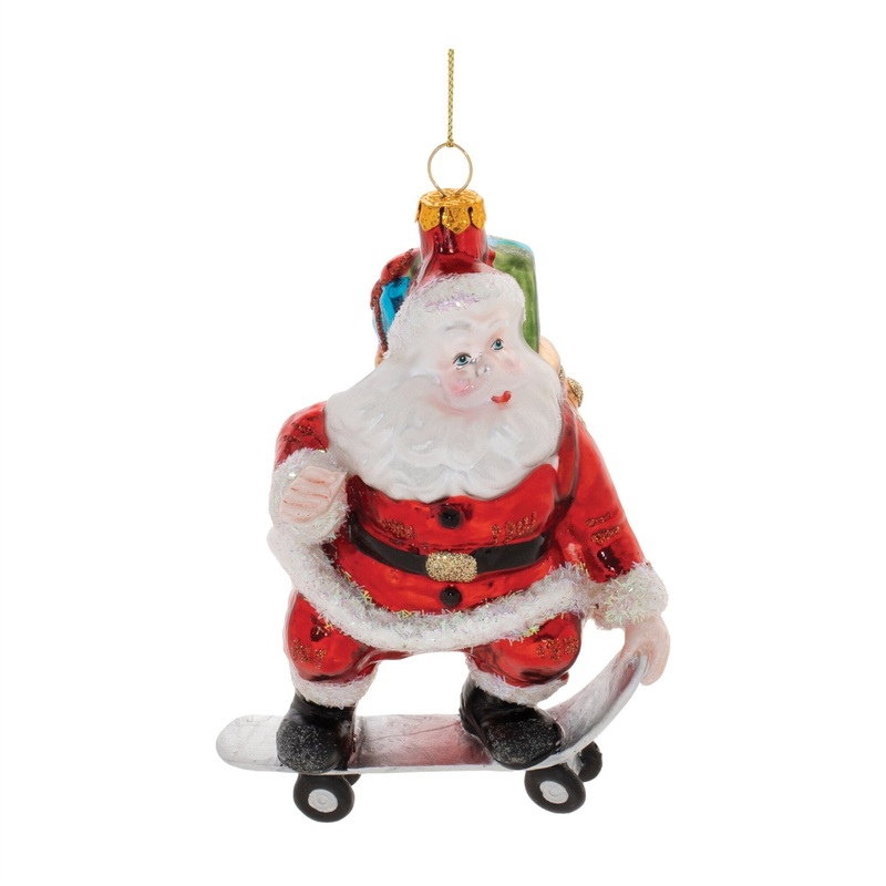 Glass Santa on Skateboard Ornament, 5.5