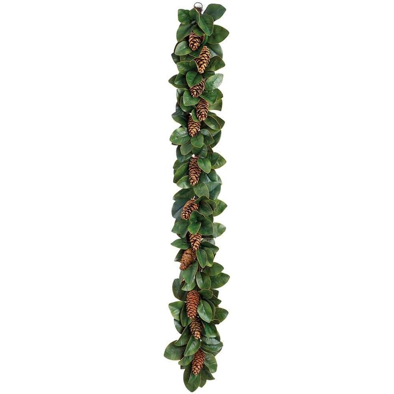 Magnolia Leaf/Pine Cone Garland, 6′ (Green Brown)