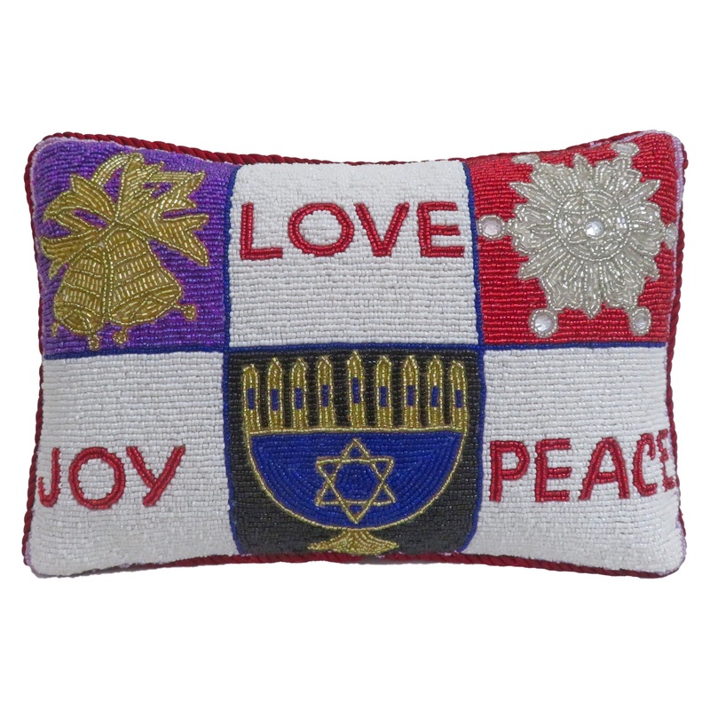 Multi Denominational Love, Joy, Peace Beaded Pillow, 8 x 12