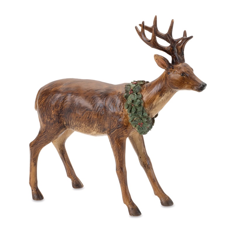Resin Deer w/Wreath Figurine, 8H