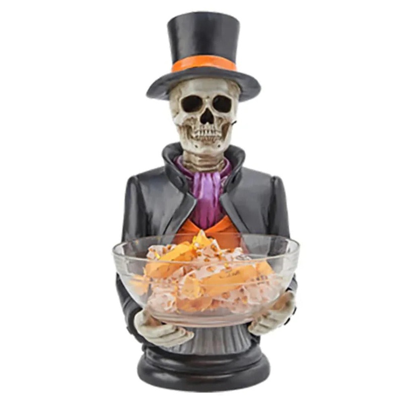 Resin Skeleton Butler w/ Glass Candy Bowl Figurine, 20
