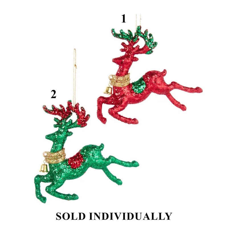 4.3 Red or Green Glittered Deer Ornament w/Bell (2 styles – sold individually)