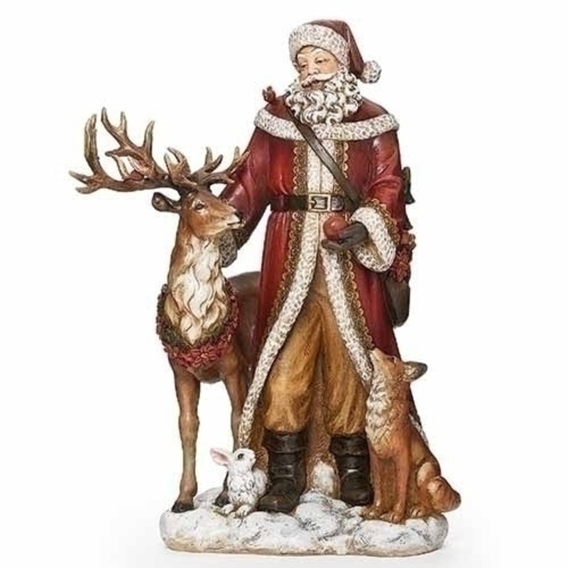 Santa W/ Deer, Cardinal & Fox on Snow Base Figurine, 18.5