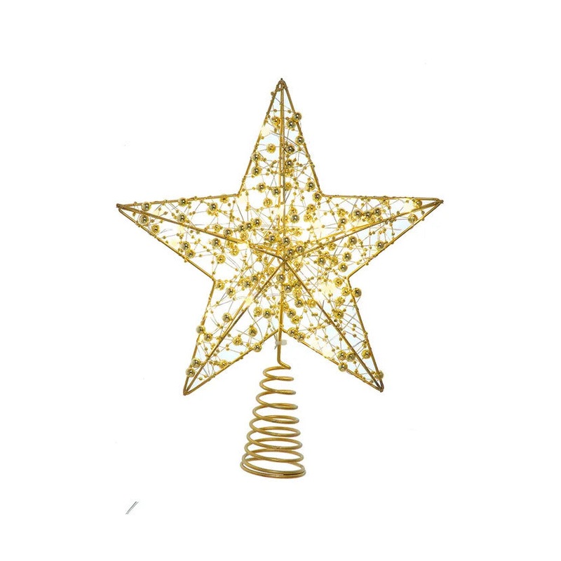 Battery Operated Warm White LED Gold Beaded Metal Star Treetop, 11.8