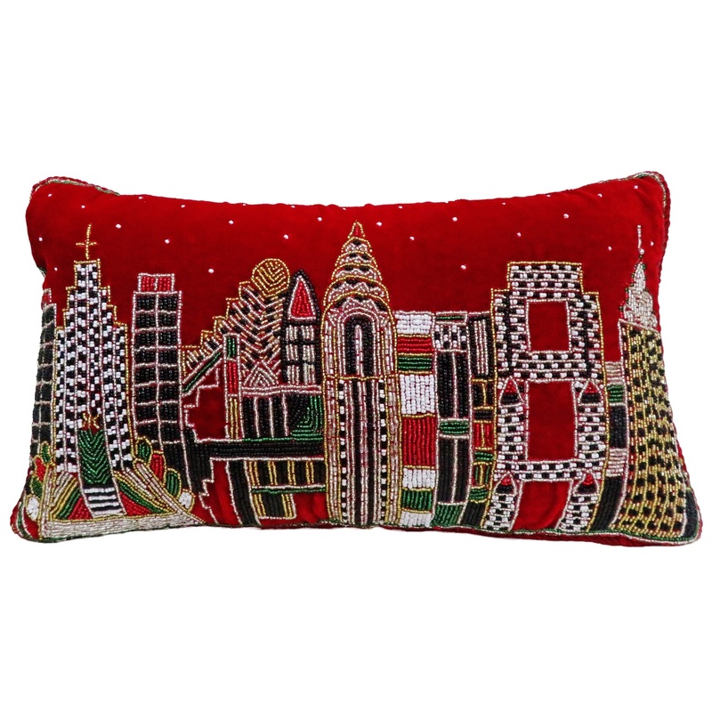 NYC Pillow With Beaded Skyline, 17 x 10