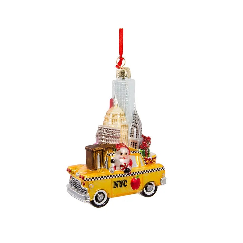 NYC Santa In Taxi Glass Ornament