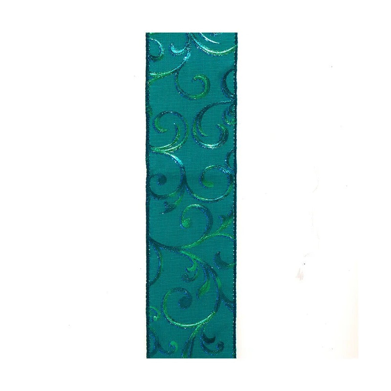Peacock Green Swirl Patterned Double Wire Ribbon, 2.5