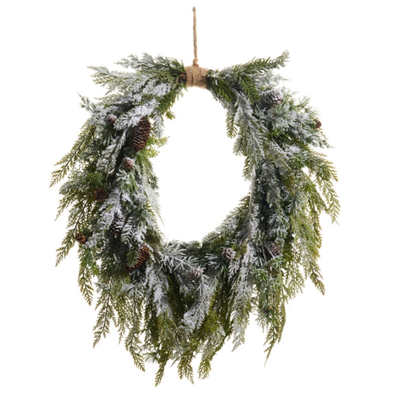 Flocked Oval Cedar and Mini Pinecone Christmas Wreath, 29
